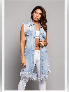 Sleeveless Distressed Light Wash Denim Button-Down Vest
